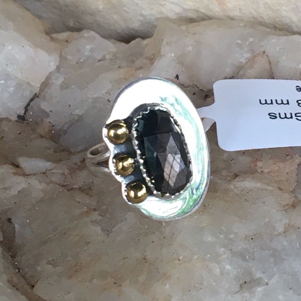 FACETED BLACK SAPPHIRE two tone sterling ring 6.5